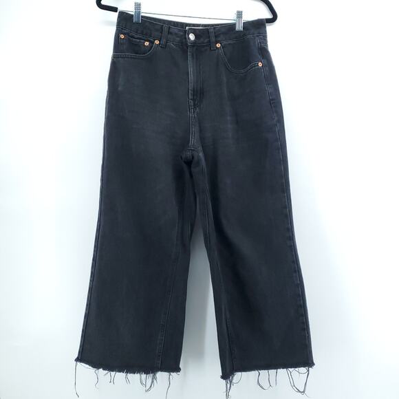 Topshop Denim - Top Shop Women Hipster Moto WideLeg HighRise Cropped Black Denim Jean Raw Hem 28